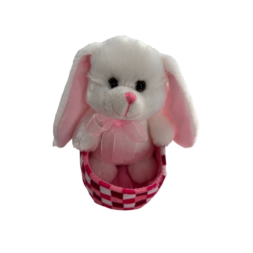 White & Pink Bunny Plush Toy‎ In Checkerboard Basket Kids Preferred 2015 Easter